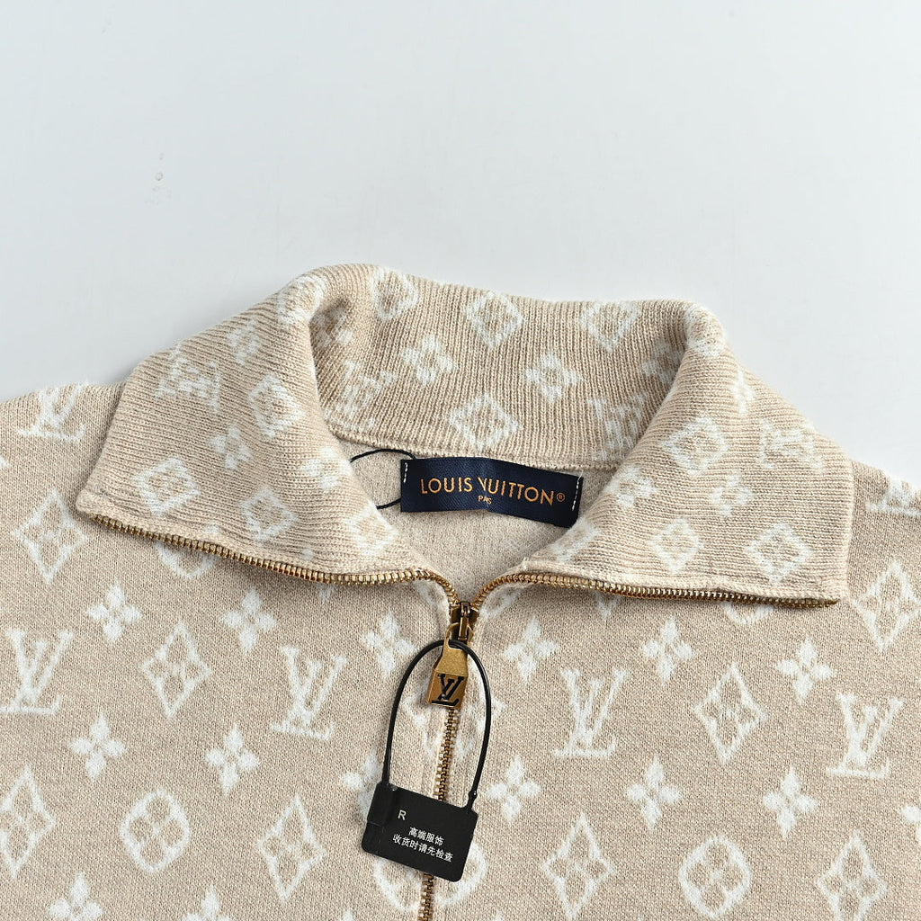 LOUIS VUITTON Oatmeal Monogram Jacquard Quarter-Zip Knit Sweater