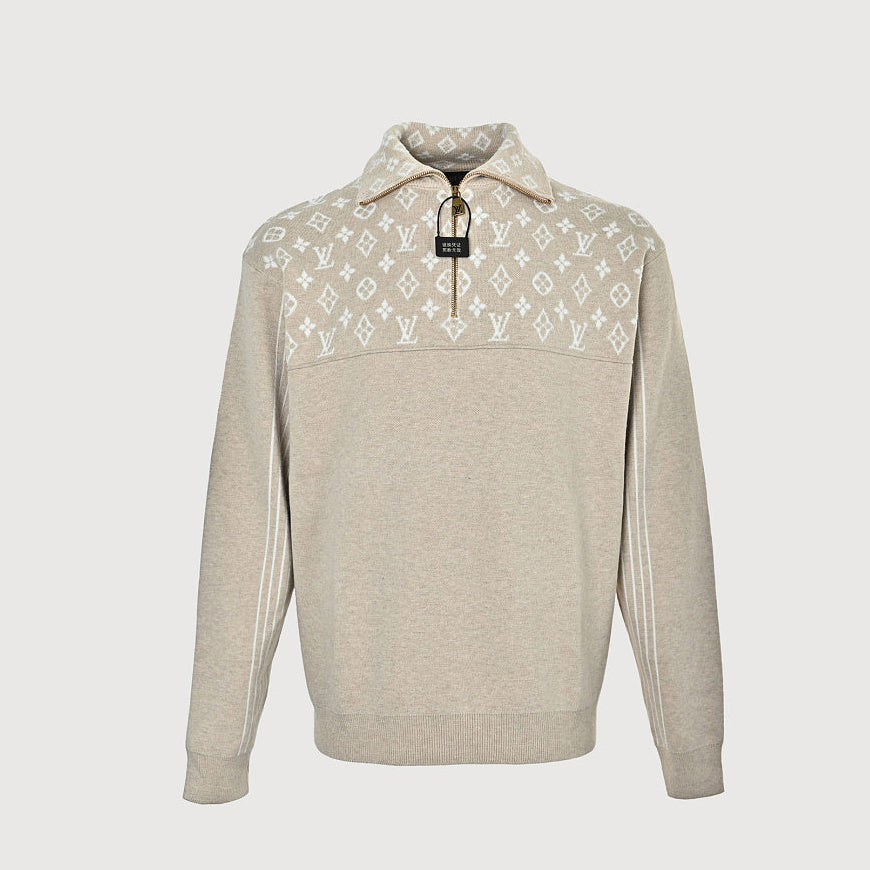 LOUIS VUITTON Oatmeal Monogram Jacquard Quarter-Zip Knit Sweater