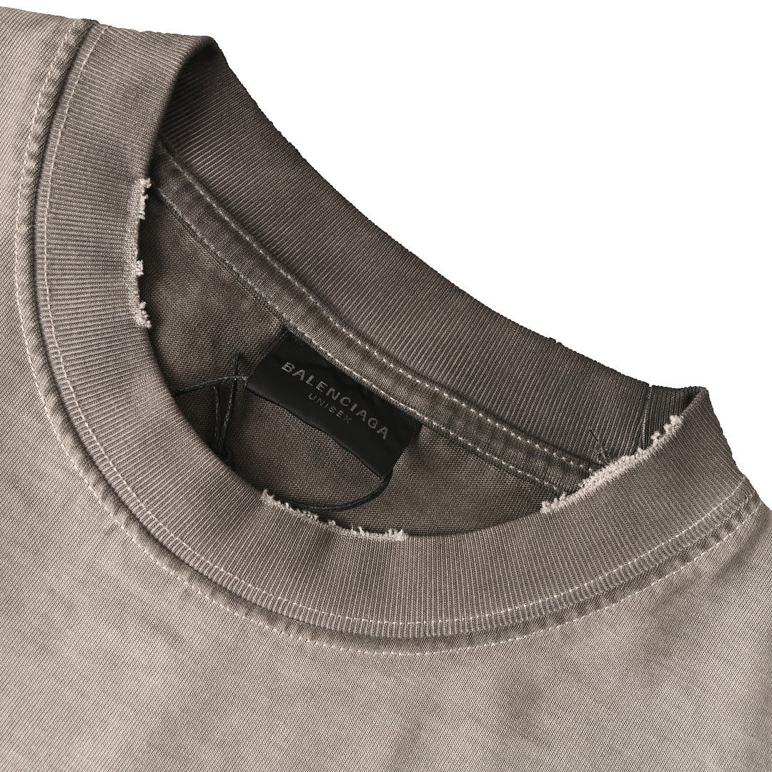 BALENCIAGA Washed Mud-Dyed Geometric Double-B Distressed Short-Sleeve T-Shirt
