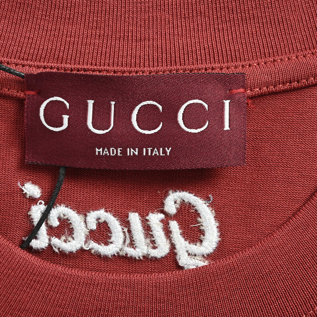 Gucci 2026 Dual-Logo Embroidered T-Shirt — Burgundy | Made in Italy