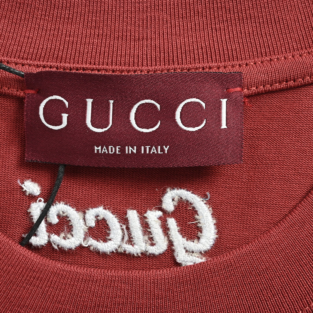 Gucci 2026 Dual-Logo Embroidered T-Shirt — Burgundy | Made in Italy