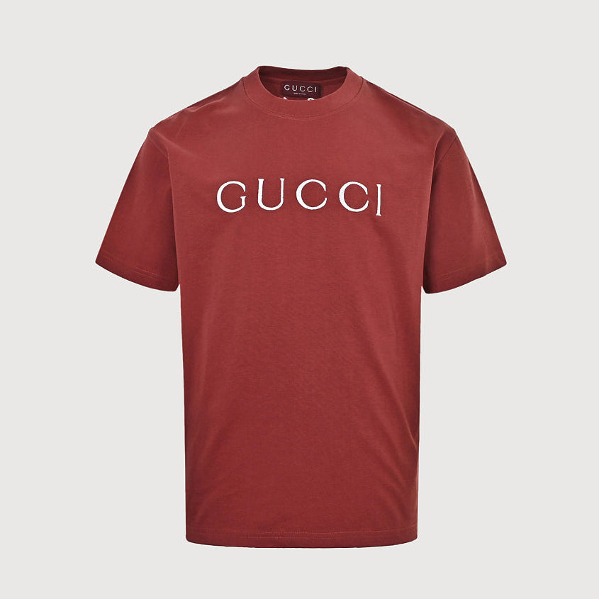 Gucci 2026 Dual-Logo Embroidered T-Shirt — Burgundy | Made in Italy