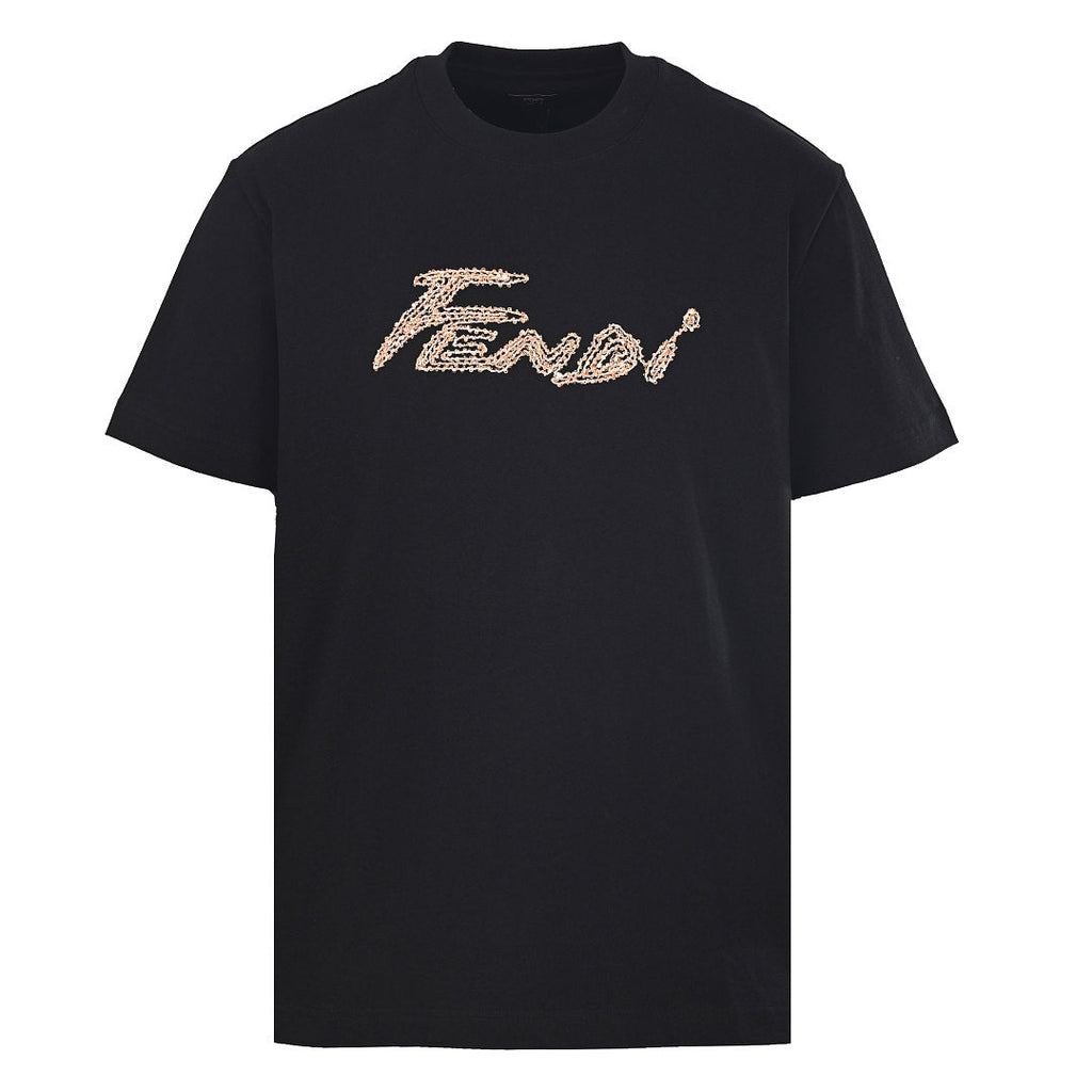 Fendi Roma Karligraphy Rose Gold Sequin Script T-Shirt — Off-Black