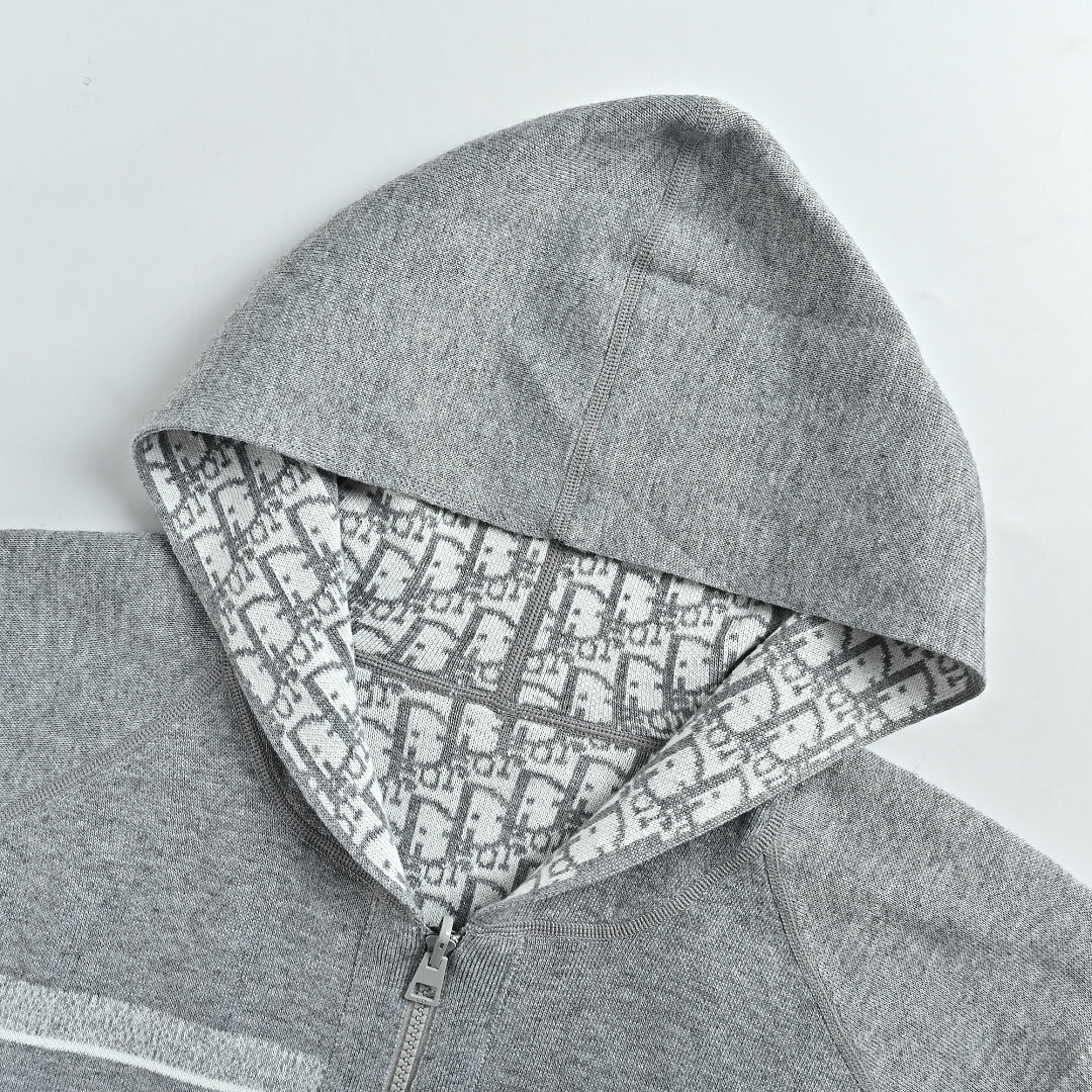 Dior Oblique Reversible Hooded Zip Jacket in Grey Cashmere Knit