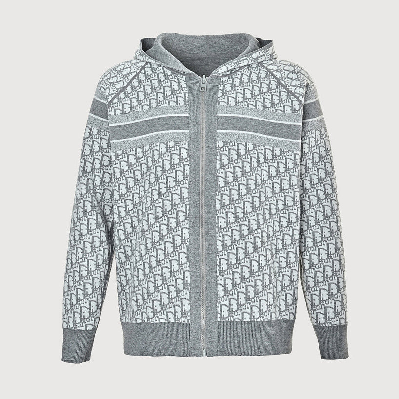 Dior Oblique Reversible Hooded Zip Jacket in Grey Cashmere Knit