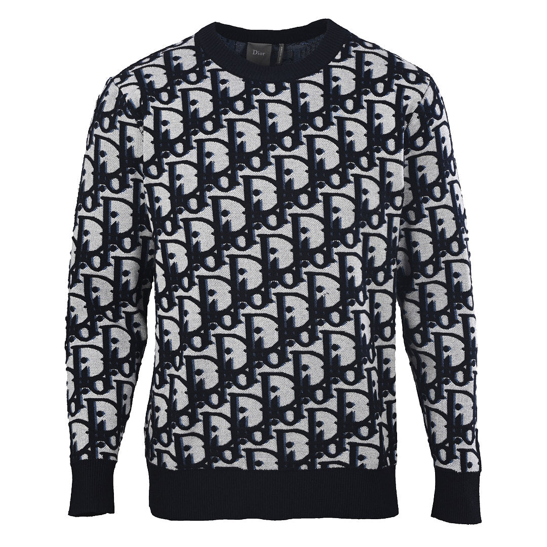 DIOR CD All-Over Logo Jacquard Knit Sweater in Cotton-Wool Blend (Two Colors)