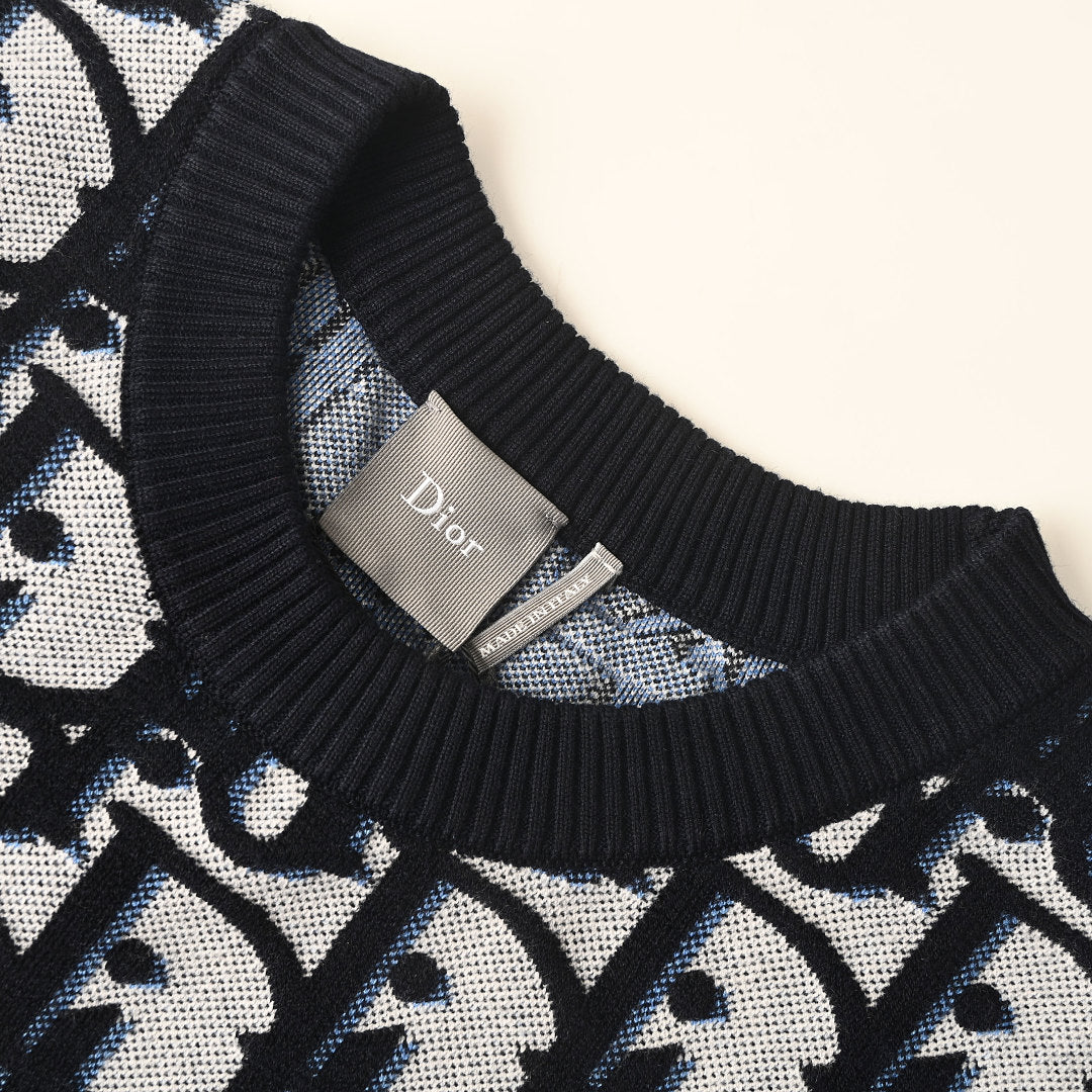 DIOR CD All-Over Logo Jacquard Knit Sweater in Cotton-Wool Blend (Two Colors)