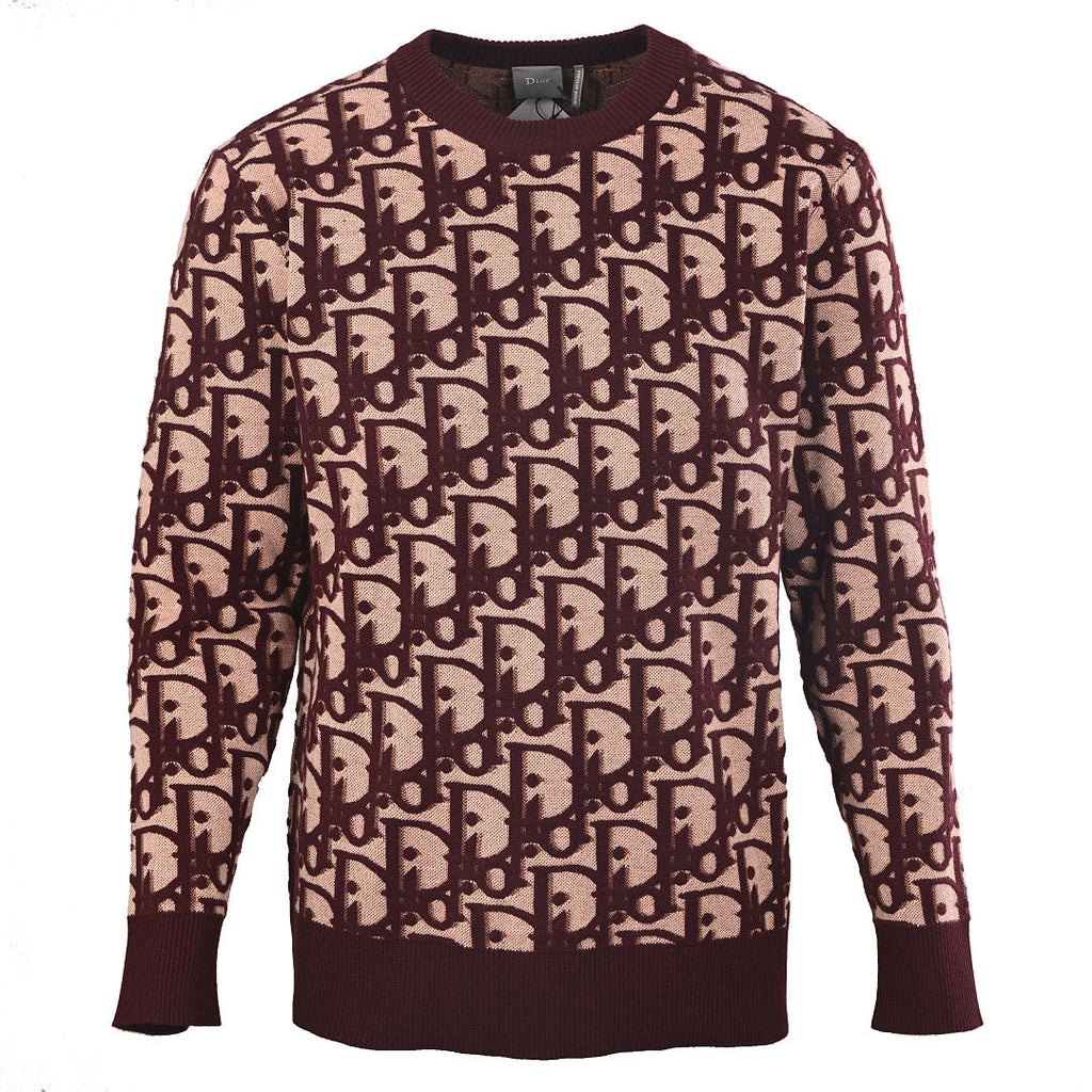 Dior Oblique All-Over Jacquard Knit Crew-Neck Sweater in Bordeaux & Blush