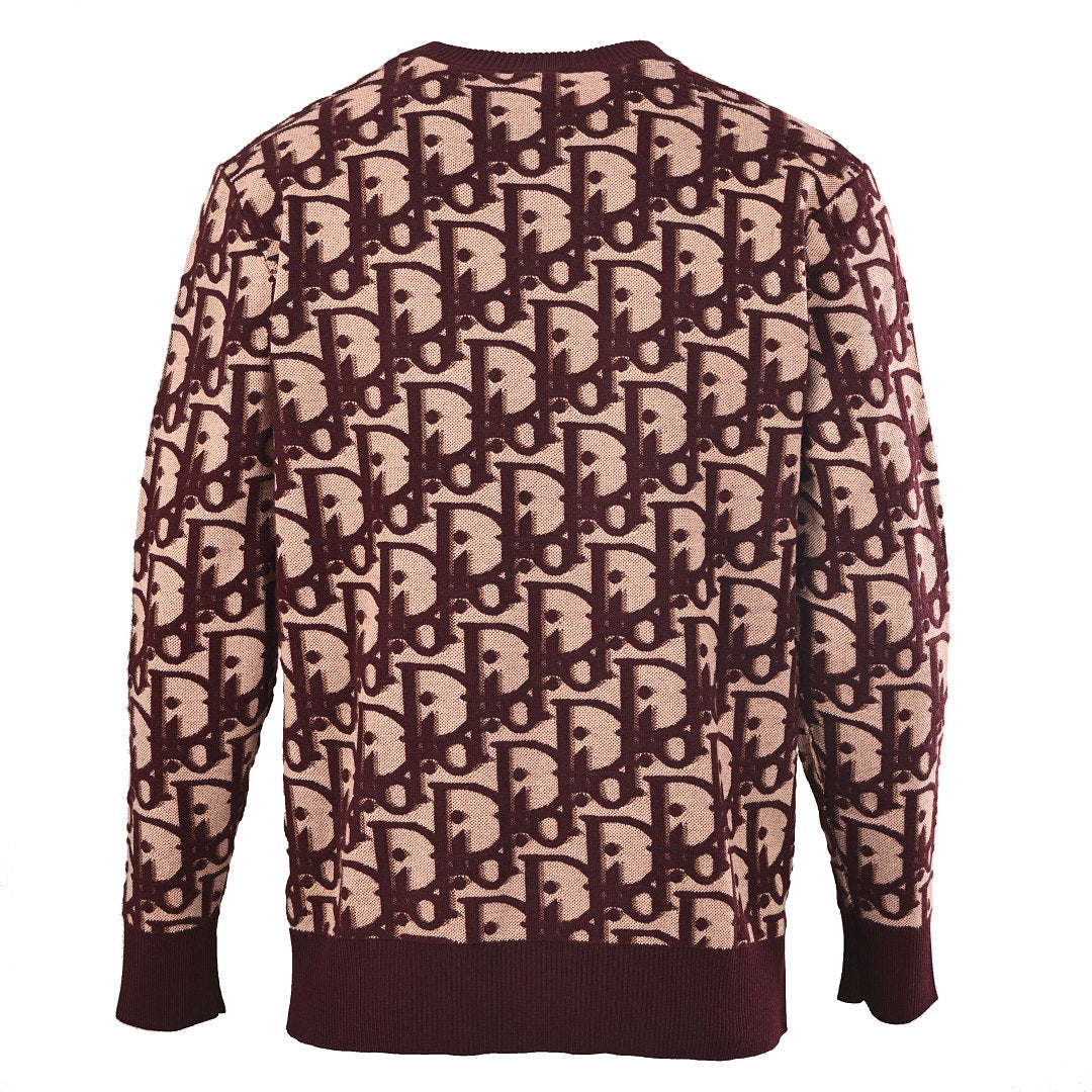 Dior Oblique All-Over Jacquard Knit Crew-Neck Sweater in Bordeaux & Blush