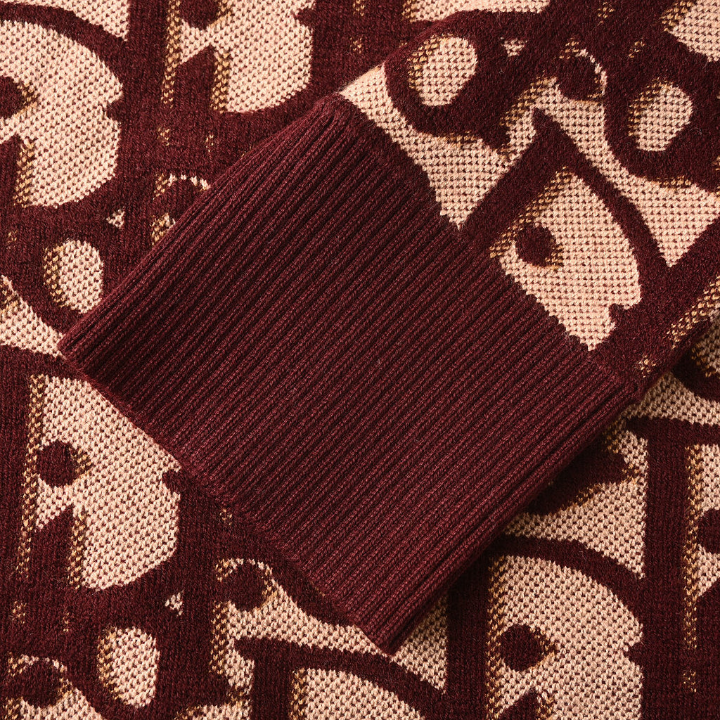 Dior Oblique All-Over Jacquard Knit Crew-Neck Sweater in Bordeaux & Blush