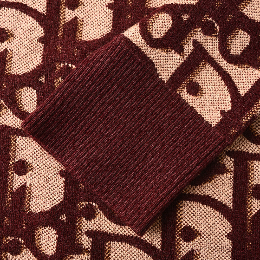 Dior Oblique All-Over Jacquard Knit Crew-Neck Sweater in Bordeaux & Blush