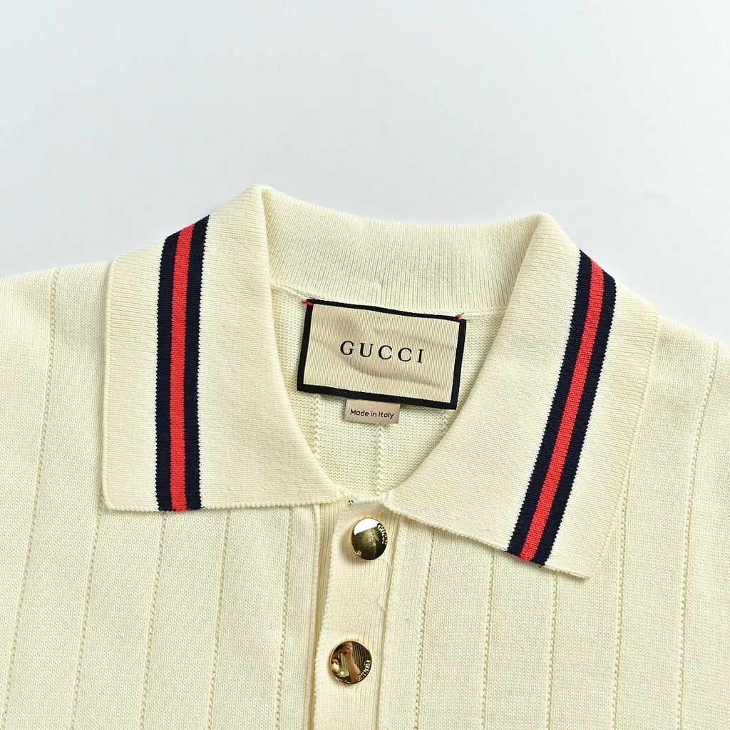 Gucci 2026 Web Stripe Knit Polo — Ivory | Made in Italy