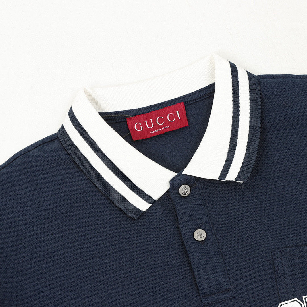 Gucci Letter-Embroidered Long-Sleeve Polo Shirt