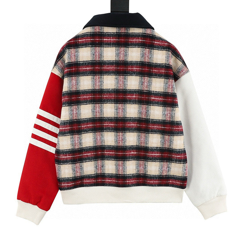 THOM BROWNE Four-Bar Plaid Patchwork Baseball Jacket