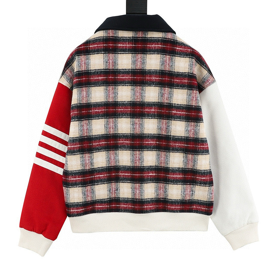 THOM BROWNE Four-Bar Plaid Patchwork Baseball Jacket