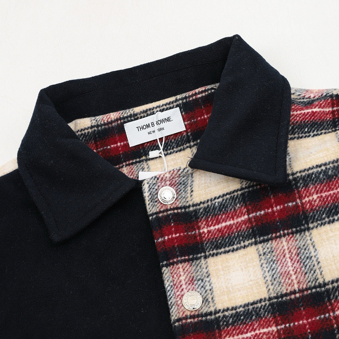 THOM BROWNE Four-Bar Plaid Patchwork Baseball Jacket