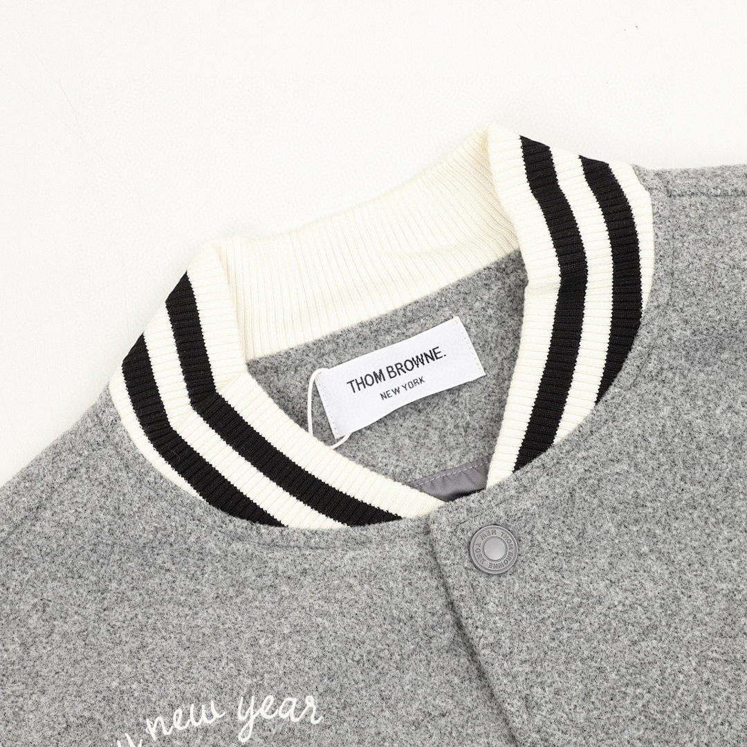 THOM BROWNE Four-Bar Multi-Embroidery Baseball Jacket