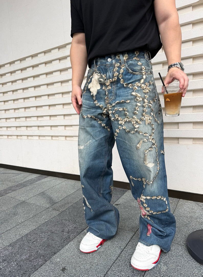 Acne Studios Chain Print Dyed Distressed Denim Trousers