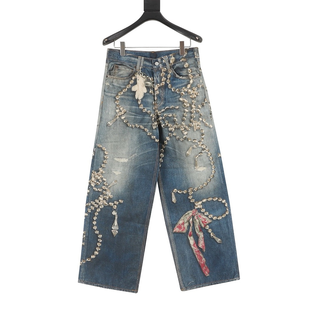 Acne Studios Chain Print Dyed Distressed Denim Trousers