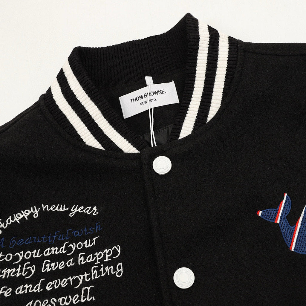THOM BROWNE Four-Bar Multi-Embroidery Baseball Jacket