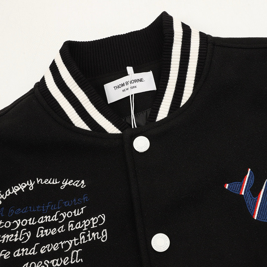 THOM BROWNE Four-Bar Multi-Embroidery Baseball Jacket
