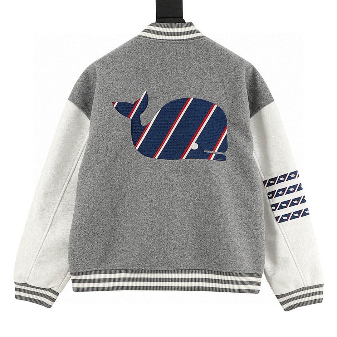 THOM BROWNE Four-Bar Multi-Embroidery Baseball Jacket