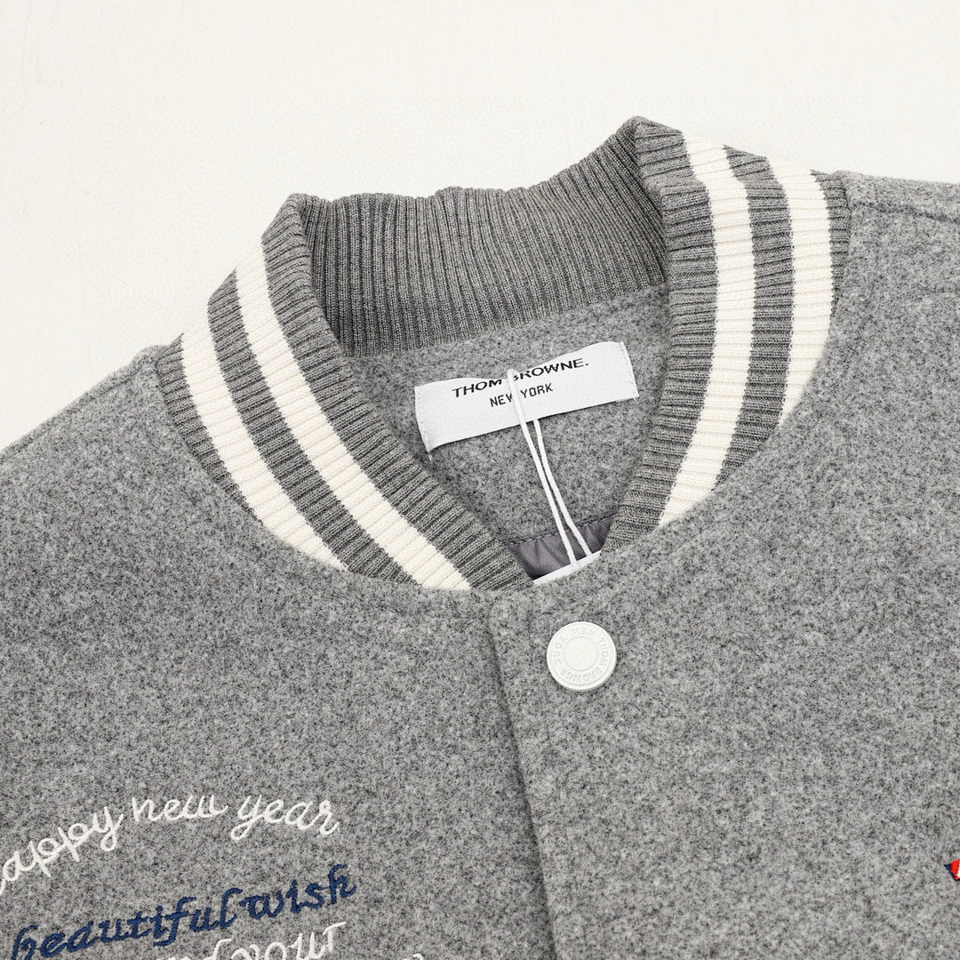 THOM BROWNE Four-Bar Multi-Embroidery Baseball Jacket