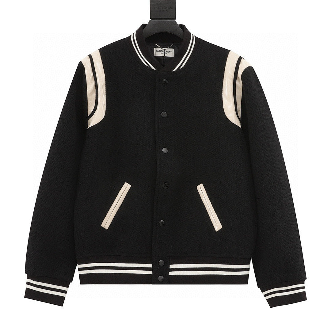 SAINT LAURENT PARIS Classic Leather-Trim Baseball Collar Jacket