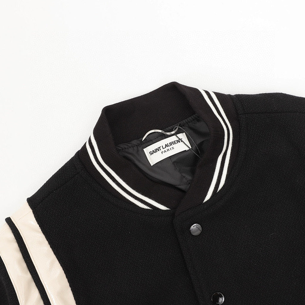 SAINT LAURENT PARIS Classic Leather-Trim Baseball Collar Jacket