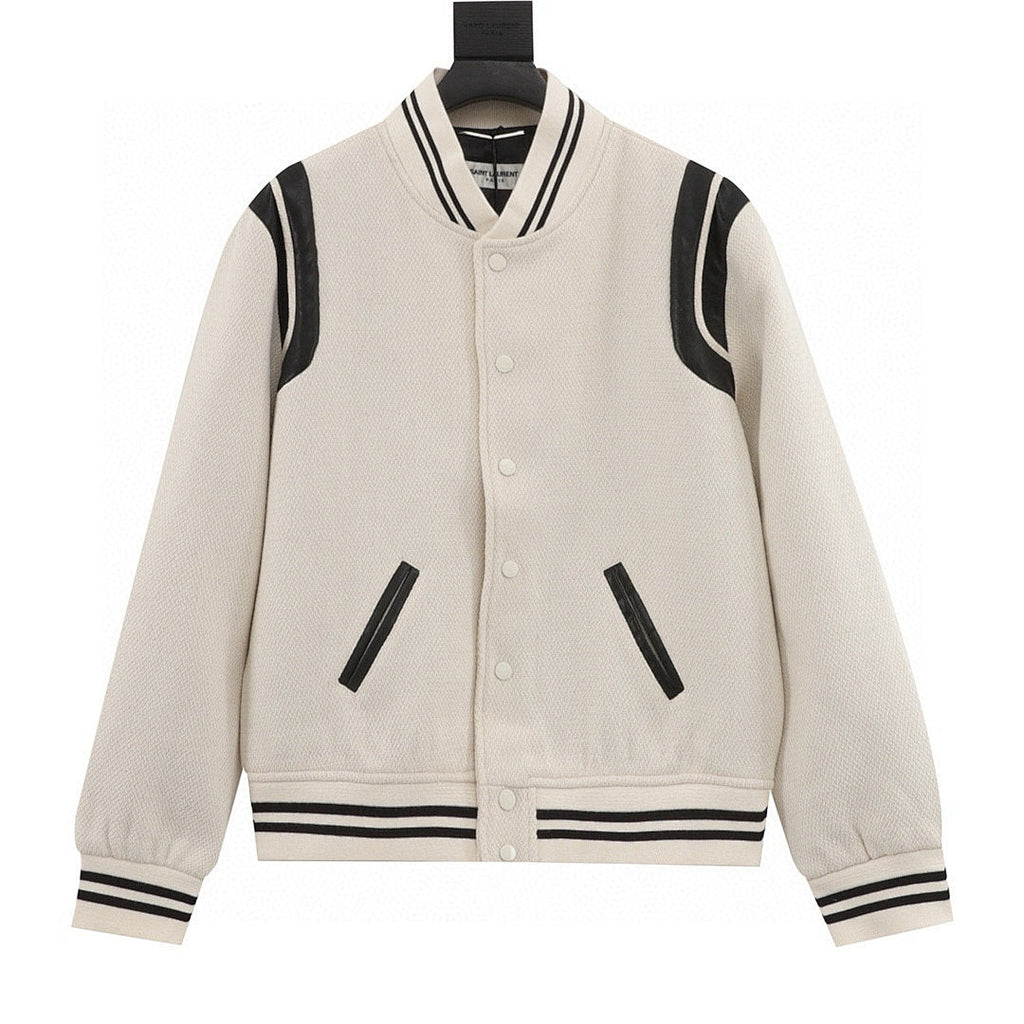 SAINT LAURENT PARIS Classic Leather-Trim Baseball Collar Jacket