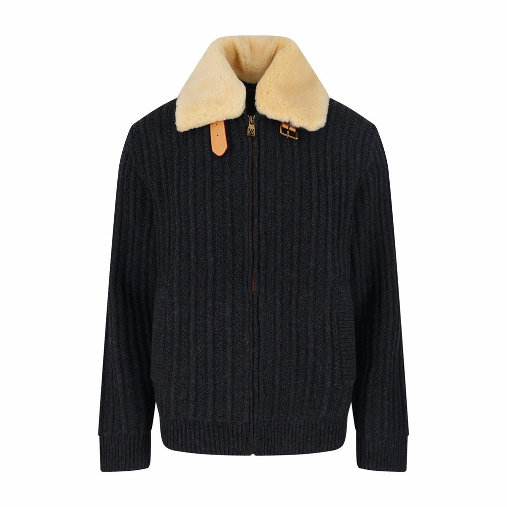 LOUIS VUITTON Shearling Collar Ribbed Knit Bomber Jacket