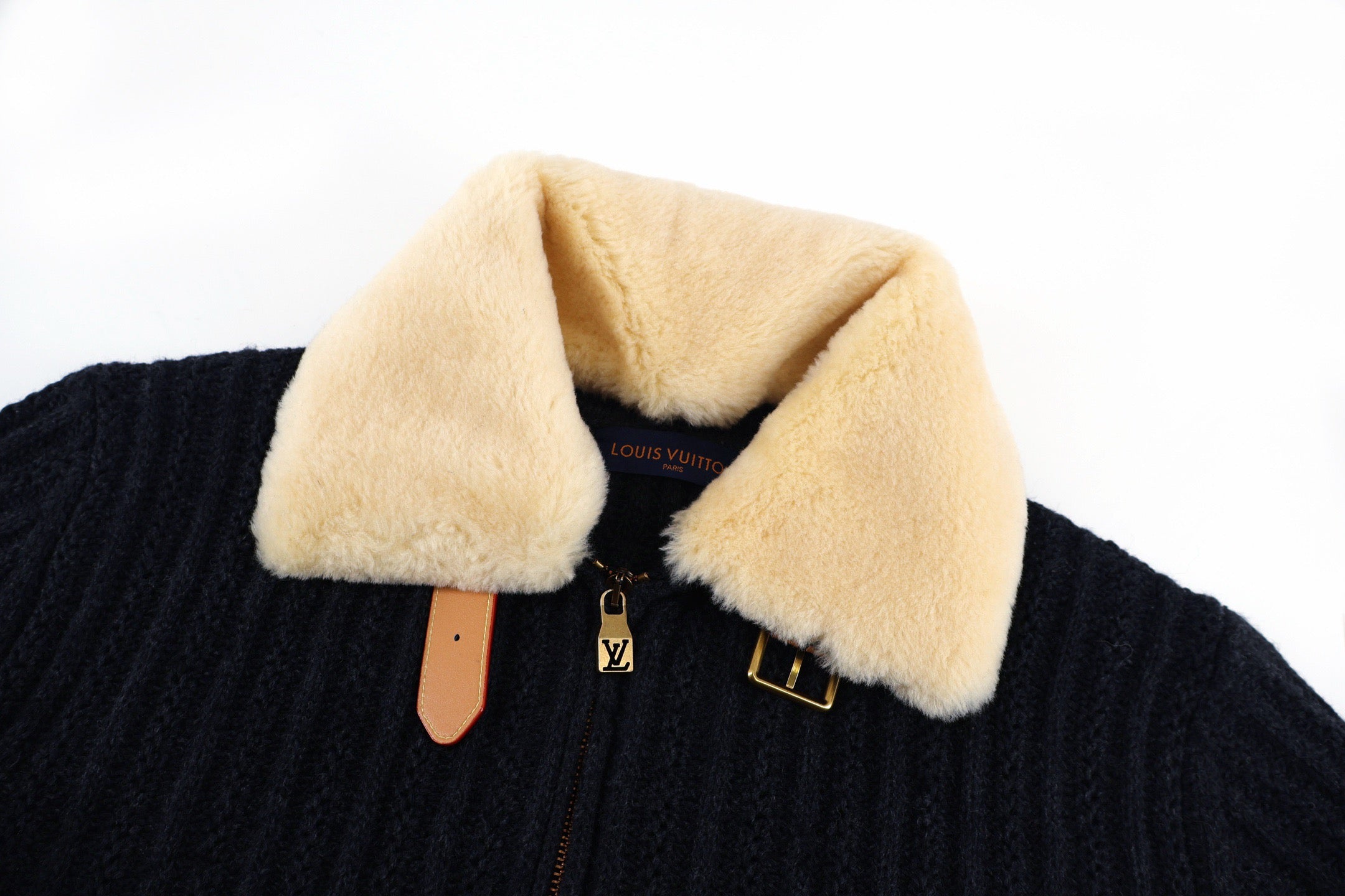 LOUIS VUITTON Shearling Collar Ribbed Knit Bomber Jacket