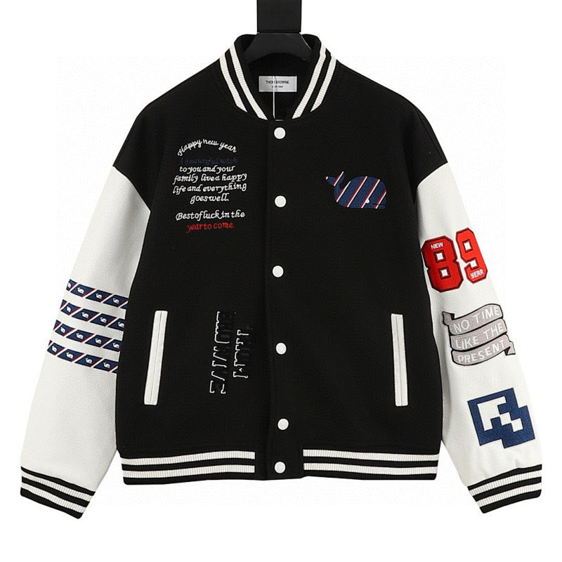 THOM BROWNE Four-Bar Multi-Embroidery Baseball Jacket