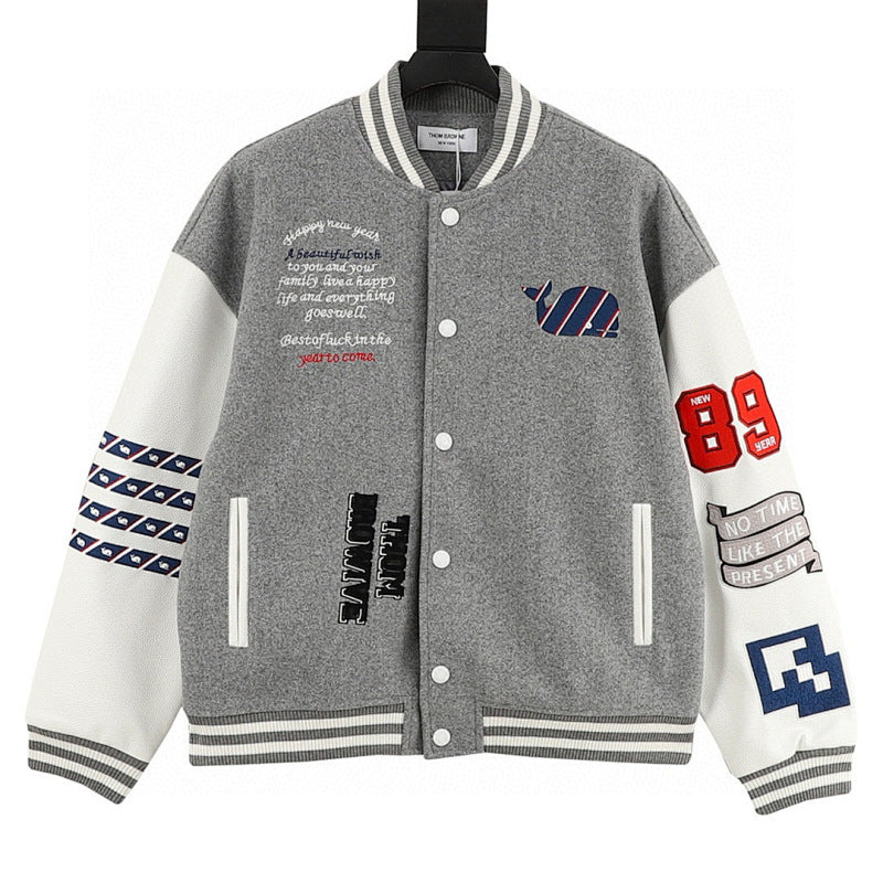 THOM BROWNE Four-Bar Multi-Embroidery Baseball Jacket